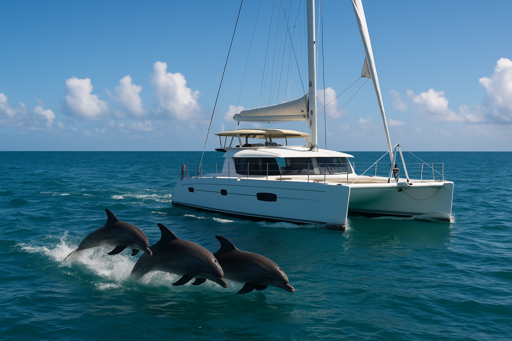 Three dolphins leaping beside a white sailing catamaran in clear blue waters on Florida’s East Coast during a wildlife watching charter.