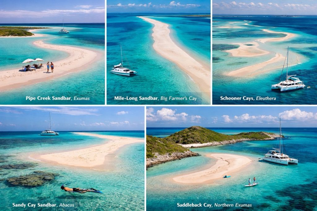 Collage of five secluded Bahamas sandbars including Pipe Creek, Big Farmer’s Cay, Schooner Cays, Sandy Cay, and Saddleback Cay with turquoise water and anchored catamarans